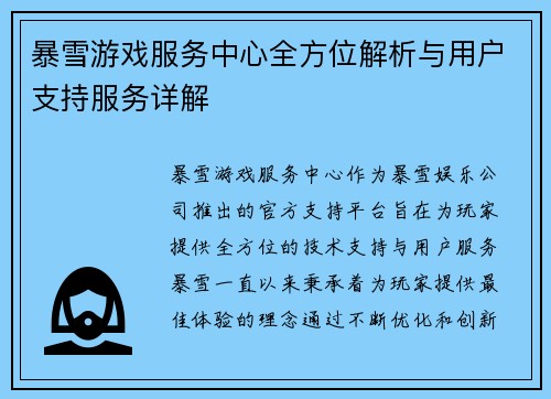 暴雪游戏服务中心全方位解析与用户支持服务详解